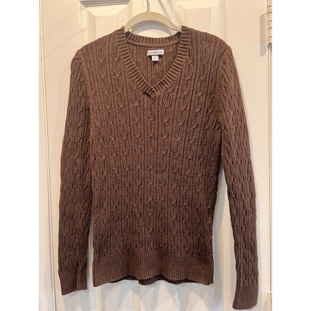 Croft & Barrow Womens M Brown Cable Knit V Neck Sweater 100% Cotton Long Sleeve
